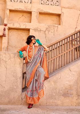 Georgette weaving work digital print grey saree 1