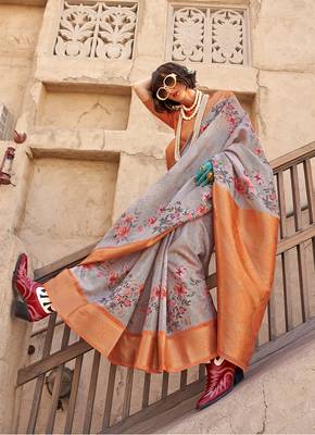 Georgette weaving work digital print grey saree 2