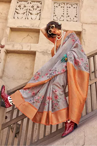 Georgette weaving work digital print grey saree