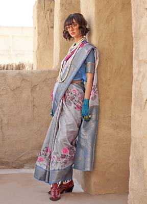 Georgette weaving work digital print grey saree 1