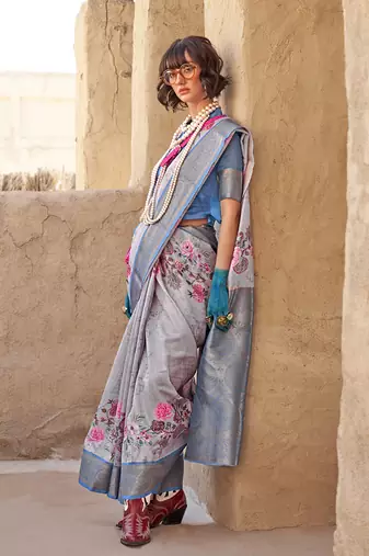 Georgette weaving work digital print grey classic saree