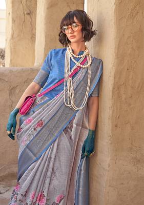 Georgette weaving work digital print grey saree 2