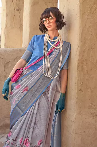 Georgette weaving work digital print grey saree