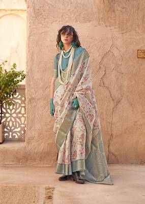 Georgette weaving work digital print cream saree 1