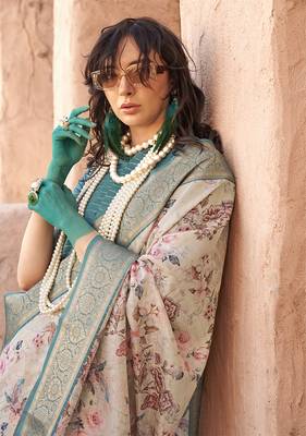 Georgette weaving work digital print cream saree 2