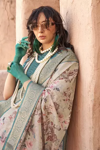 Georgette weaving work digital print cream saree
