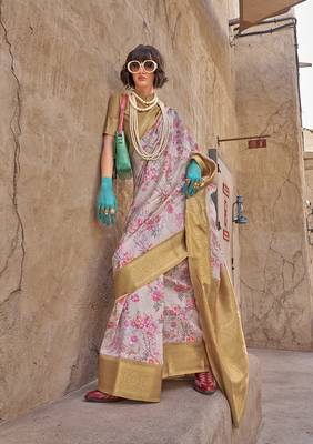 Georgette weaving work digital print light grey saree 1