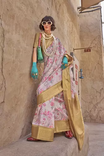 Georgette weaving work digital print light grey classic saree