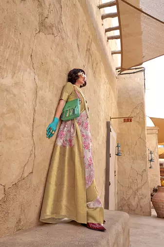 Georgette weaving work digital print light grey saree