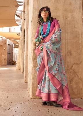 Georgette weaving work digital print aqua blue saree 1