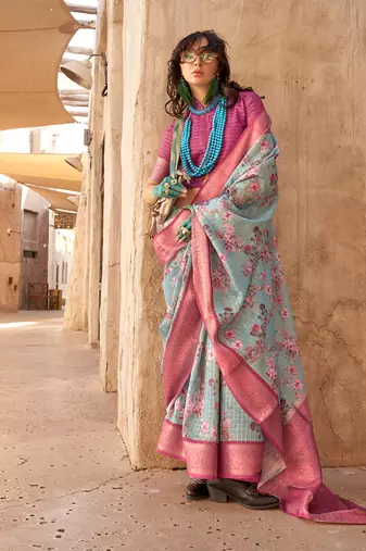 Georgette weaving work digital print aqua blue classic saree