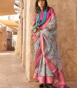 Georgette weaving work digital print aqua blue classic saree