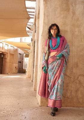 Georgette weaving work digital print aqua blue saree 2