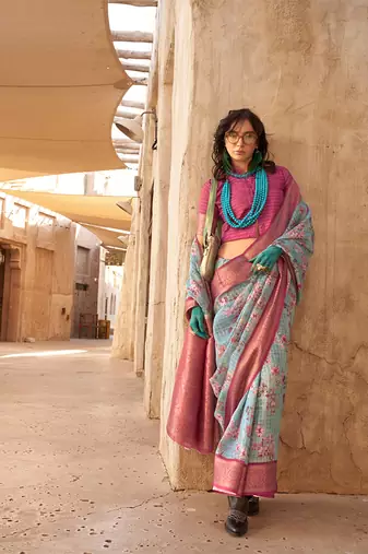 Georgette weaving work digital print aqua blue saree