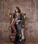 Weaving zari work satin silk designer saree in black