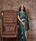 Weaving zari work satin silk designer saree in dark green