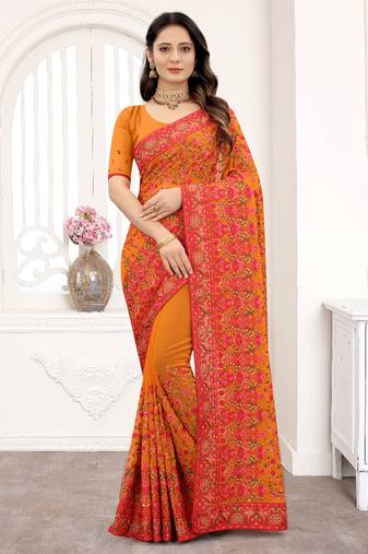 Mustard Kashmiri Resham Embroidery Border Georgette Saree With Matching Blouse Piece
