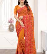 Mustard Kashmiri Resham Embroidery Border Georgette Saree With Matching Blouse Piece