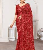 Maroon Kashmiri Zari Resham embroidered Georgette Saree With Matching Blouse Piece