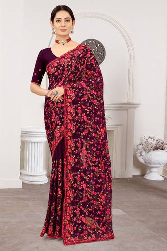 Purple Kashmiri Zari Resham embroidered Georgette Saree With Matching Blouse Piece