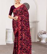 Purple Kashmiri Zari Resham embroidered Georgette Saree With Matching Blouse Piece