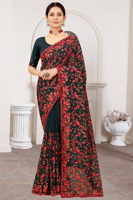 Bottle Green Kashmiri Zari Resham Embroidered Border Georgette Saree With Matching Blouse Piece 1