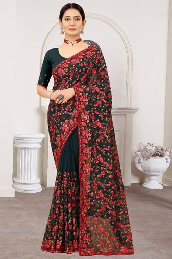 Bottle Green Kashmiri Zari Resham Embroidered Border Georgette Saree With Matching Blouse Piece