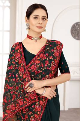 Bottle Green Kashmiri Zari Resham Embroidered Border Georgette Saree With Matching Blouse Piece 2