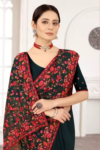 Bottle Green Kashmiri Zari Resham Embroidered Border Georgette Saree With Matching Blouse Piece