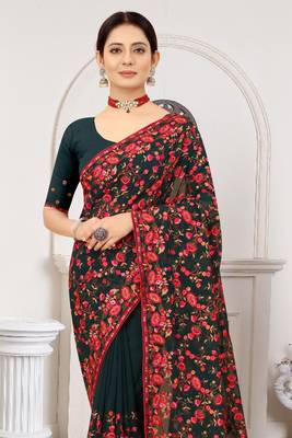 Bottle Green Kashmiri Zari Resham Embroidered Border Georgette Saree With Matching Blouse Piece 3