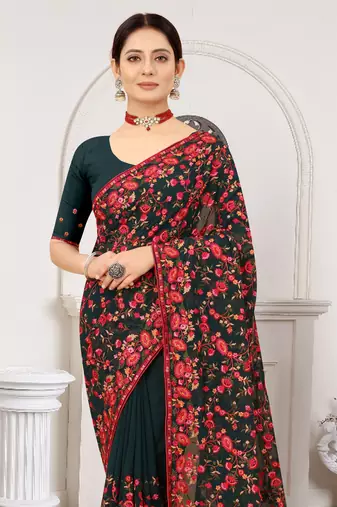 Bottle Green Kashmiri Zari Resham Embroidered Border Georgette Saree With Matching Blouse Piece