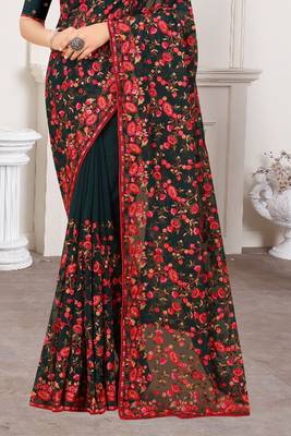 Bottle Green Kashmiri Zari Resham Embroidered Border Georgette Saree With Matching Blouse Piece 4