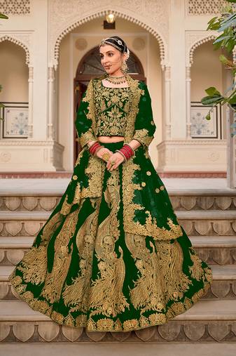 Velvet Green Embroidered Stone Work Wedding Lehenga Choli