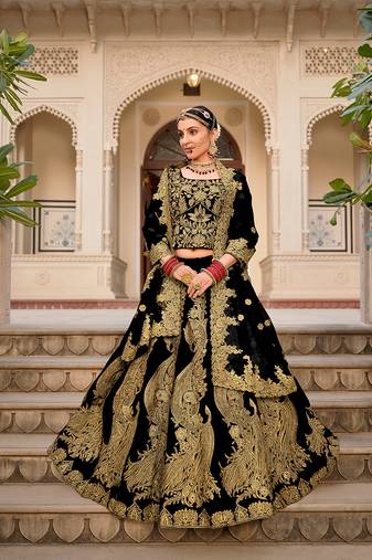Velvet Black Embroidered Stone Work Wedding Lehenga Choli