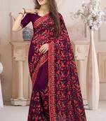 Wine Kashmiri Zari Resham embroidered Georgette Saree With Matching Blouse Piece