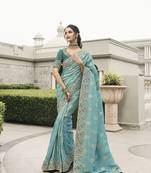 Aqua blue tissue embroidered stone work designer saree