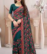 Teal Blue Kashmiri Zari Resham embroidered Georgette Saree With Matching Blouse Piece