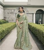 Sea green tissue embroidered stone work designer saree
