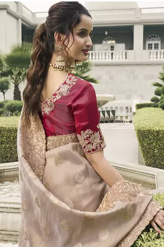 Beige tissue embroidered saree