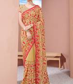 Beige Zari Resham Embroidered Work Georgette Designer Saree With Matching Blouse Piece
