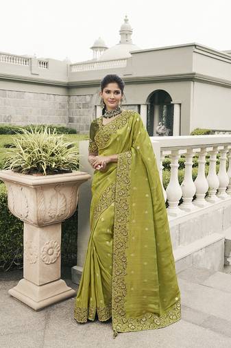 Light olive tissue embroidered stone work designer saree