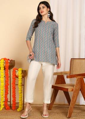 Teal color cotton blend printed short kurti for women 1