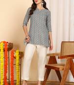 Teal color cotton blend printed short kurti for women