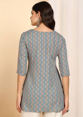 Teal color cotton blend printed short kurti for women 2