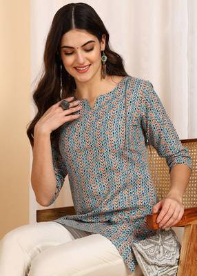 Teal color cotton blend printed short kurti for women 3