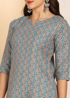 Teal color cotton blend printed short kurti for women 4