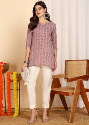 Maroon color cotton blend printed short kurti for women 1