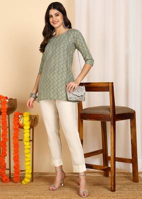 Green color cotton blend printed short kurti for women 1