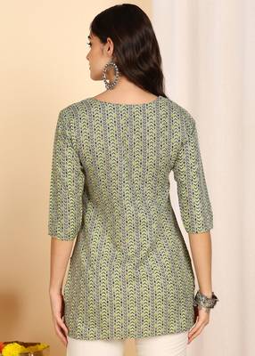 Green color cotton blend printed short kurti for women 2