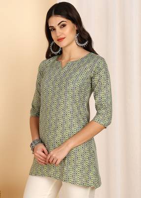 Green color cotton blend printed short kurti for women 4